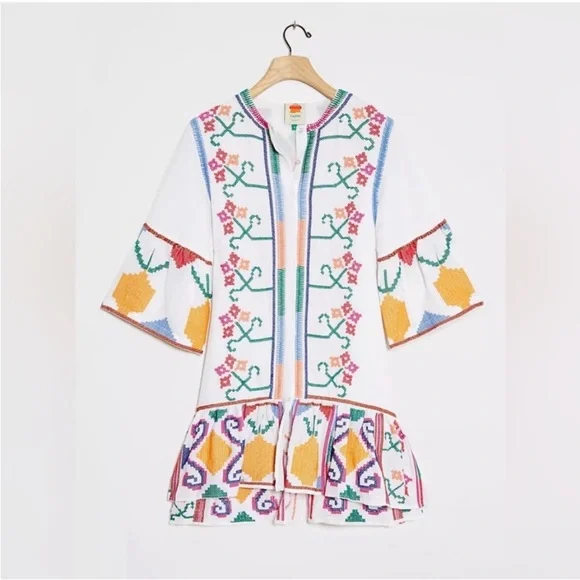FARM Rio Embroidered Pineapple Dress Boho Floral Ruffle Hem Size XS - Picture 2 of 3